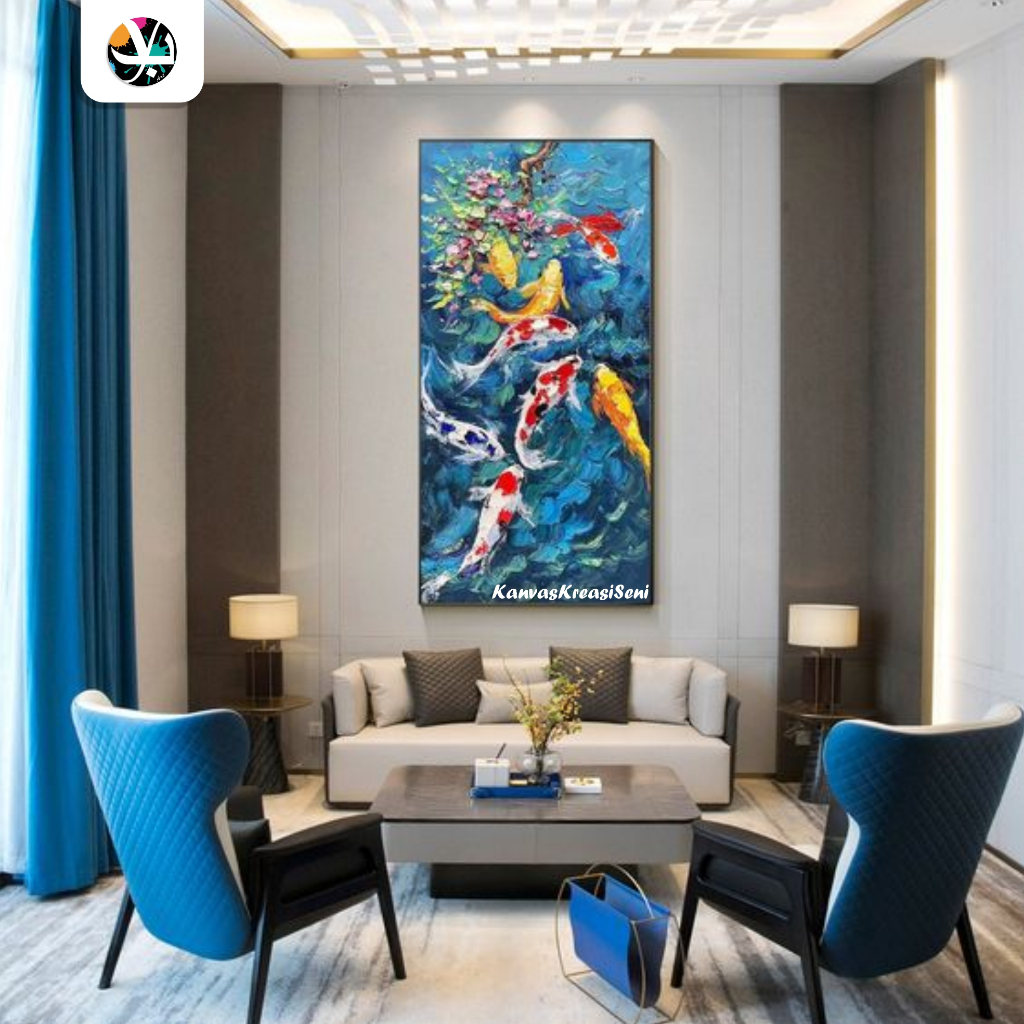 lukisan koi abstrak - lukisan ikan koi 9 ekor expresif - lukisan kanvas ikan koi