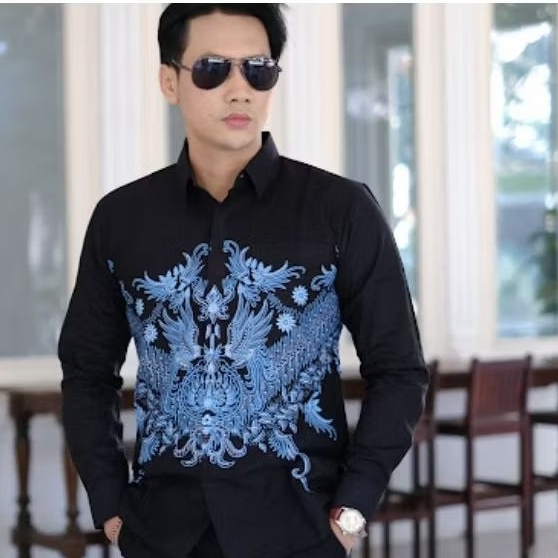 Batik Pria Slimfit Lengan Panjang Lapis Furing Motif Wonosari Biru Kemeja Batik Pria Jumbo