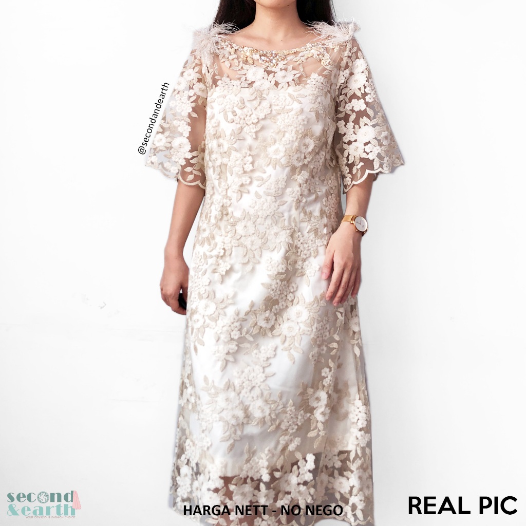 PREMIUM Poste Dress Brokat (L) Terusan Pesta Lengan Pendek Flare ALine Brukat Payet Emas Ivory Brokl