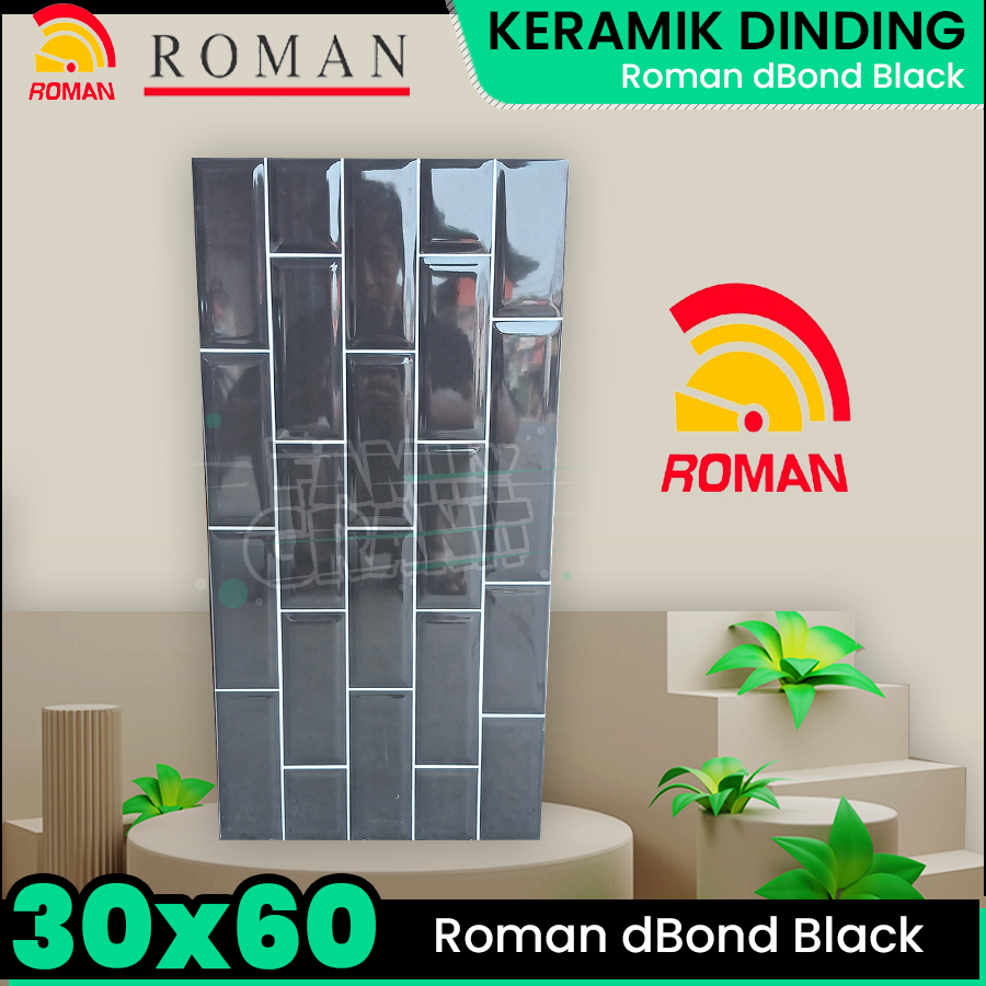 Keramik Dinding 30x60 Roman dBond Black Motif Kotak Bata Glossy Embossed