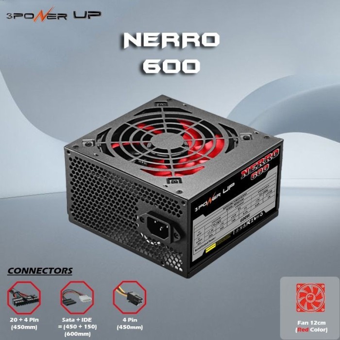 Power Supply Nero NERRO 600 - 600W, Kipas 12cm, Kabel Flat, Merah