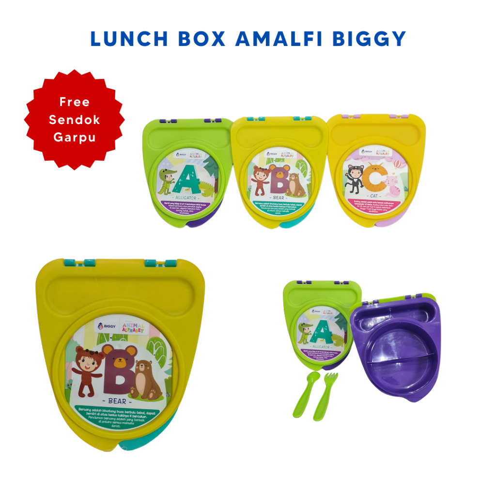 Lunch Box Alphabet Animal Kotak Bekal Wadah Makanan Tempat Bekal Amalfi Biggy Free Sendok Garpu Alat