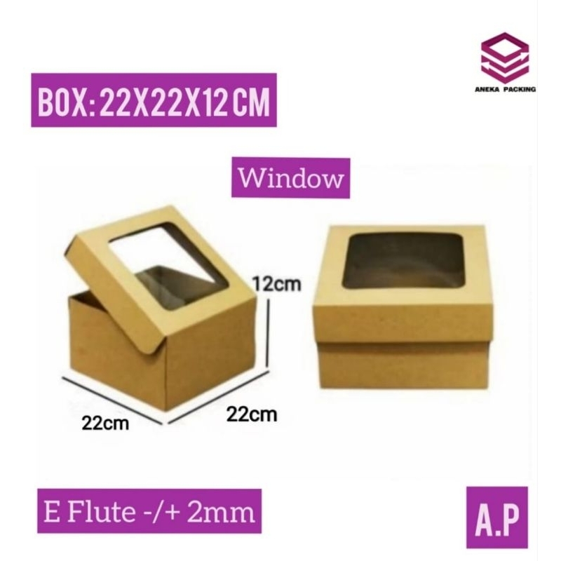 Box 22x22x12 cm Window/Mika) E- Flute/kardus/hampers/boxnasi/puding