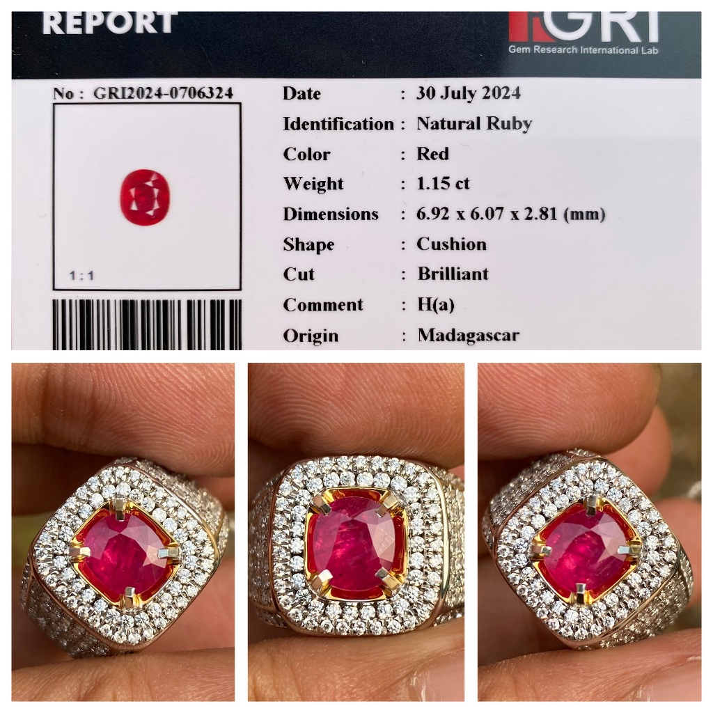 Natural 1.15ct red ruby mada heat memo gri microsetting