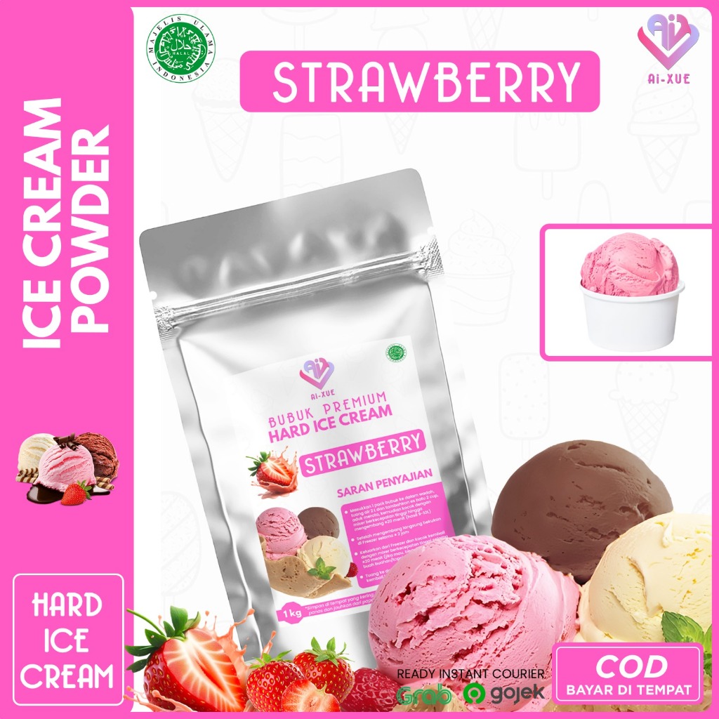 

Strawberry Hard Ice Cream Premium Powder / Bubuk Es Krim Premium Tanpa Mesin Halal Rasa Stroberi 1Kg