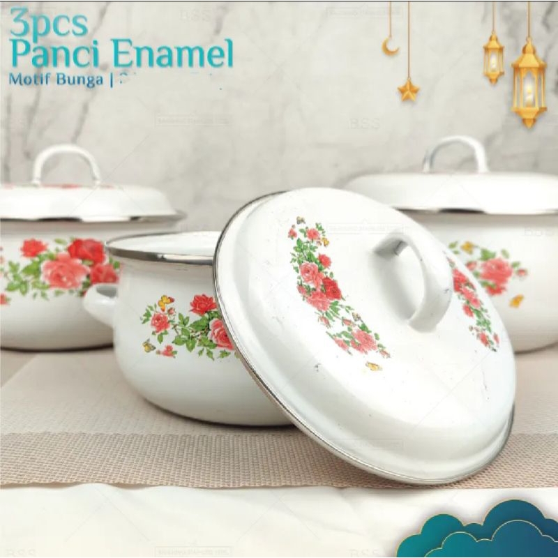 Panci Set Enamel Motif Kembang 3 Pcs Tutup Kaca / Panci Bunga 3 Susun