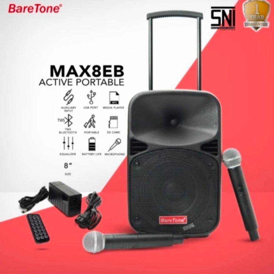 Speaker Aktif Portable 8 inch BARETONE Wireless MAX8EB Bluetooth Efek