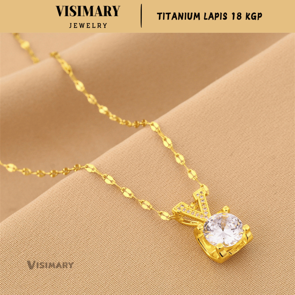 VISIMARY - K147 Kalung Wanita Titanium Premium Kalung Huruf V Diamond Putih Mewah Lapis Emas 18K