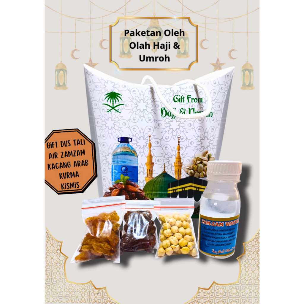 

PAKET LENGKAP 1 OLEH OLEH HAJI & UMROH ISI GIFT TALI KURMA KISMIS KACANG ARAB AIR ZAMZAM