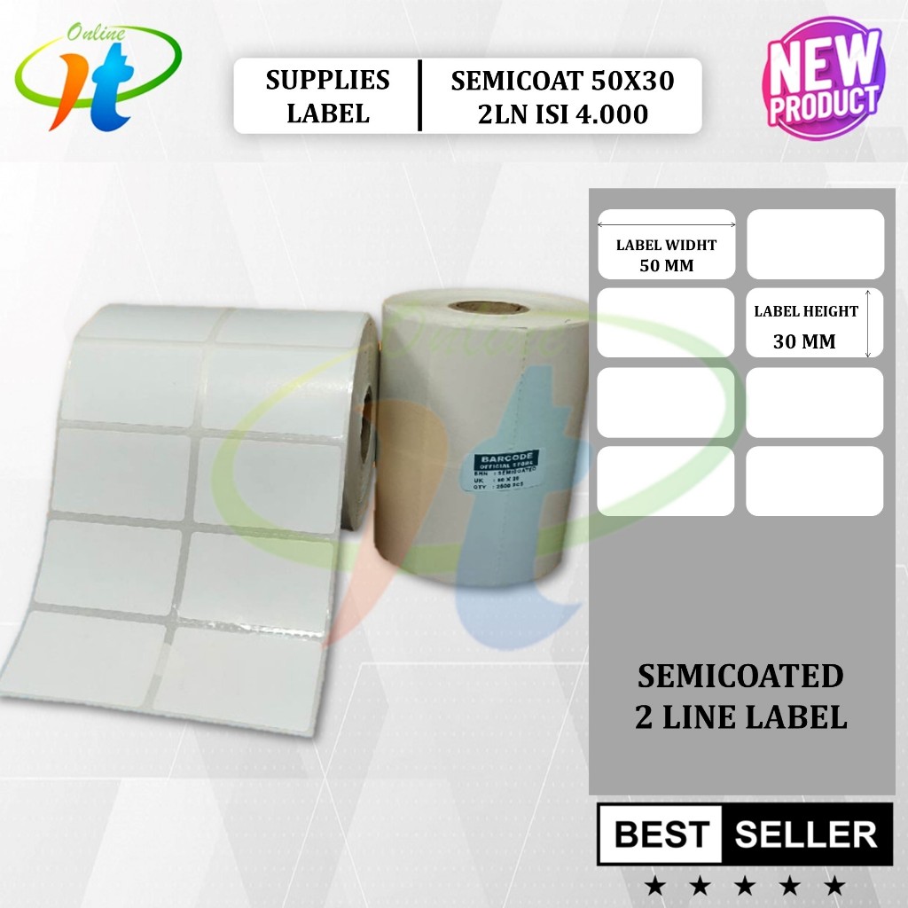 

Kertas Stiker Semicoat 50x30 2 Line isi 4000 pc Core 1 inch Label Barcode Nama Harga Barang