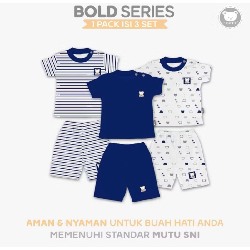 FLUFFY NAVY BOLD - 1 SET STELAN KAOS PENDEK ANAK CELANA PENDEK 3/4 BOLD SNI M L