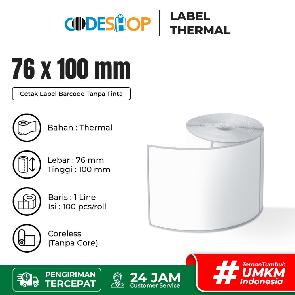 

Codeshop Stiker Label Barcode 76x100 mm Thermal 1 Line isi 100 Pcs