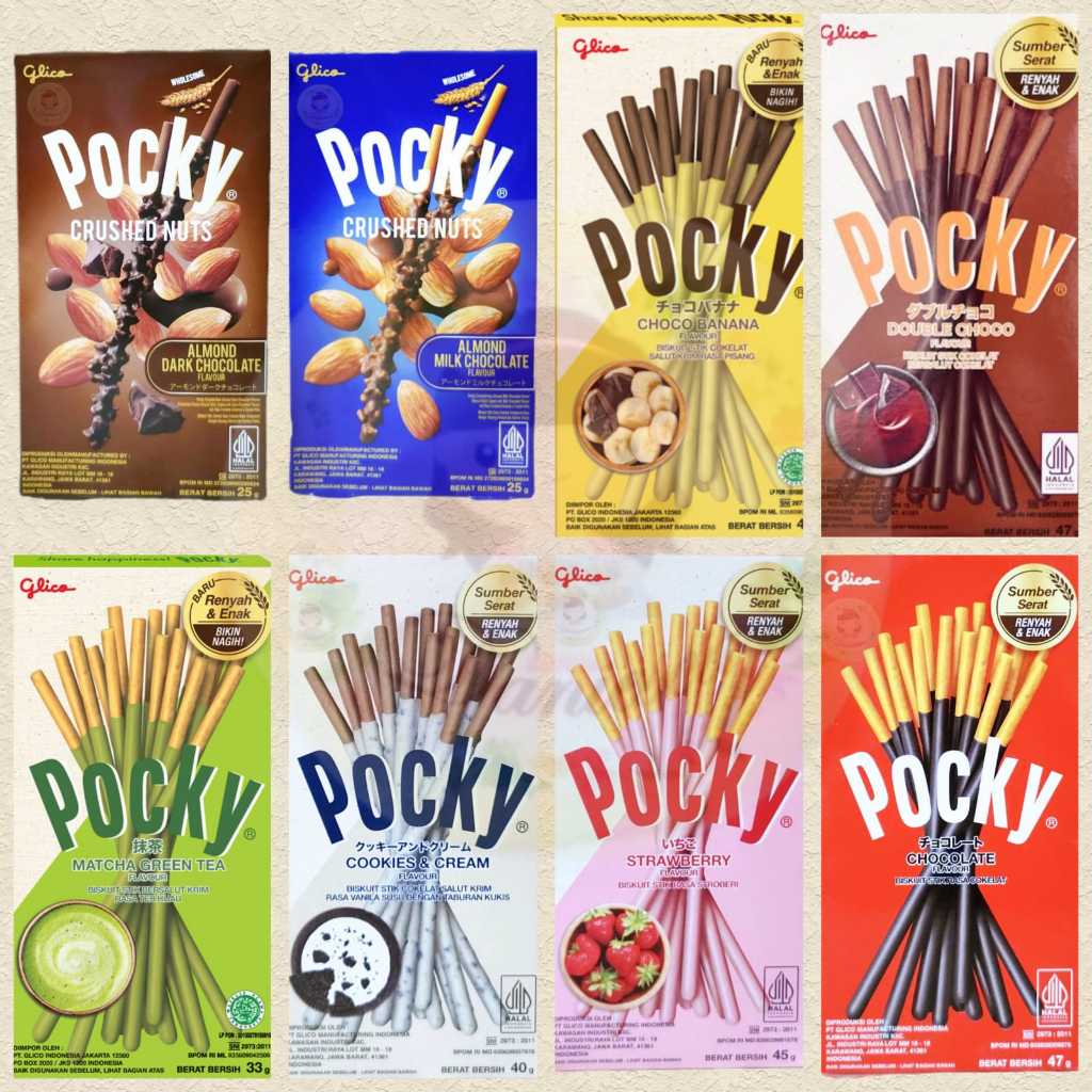 

.Glico Pocky Aneka Rasa Double Choco, Banana, Green tea, Straw,Cookies Cream,Chocolate ( scp )