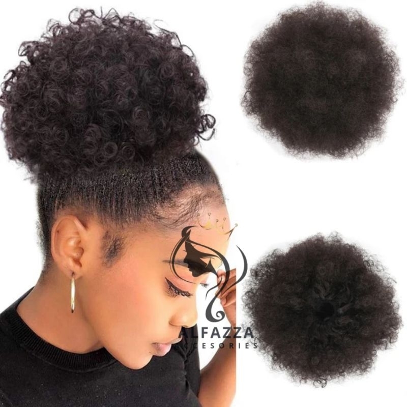 Rambut Puff Afro Sintetis Sanggul Pendek Keriting