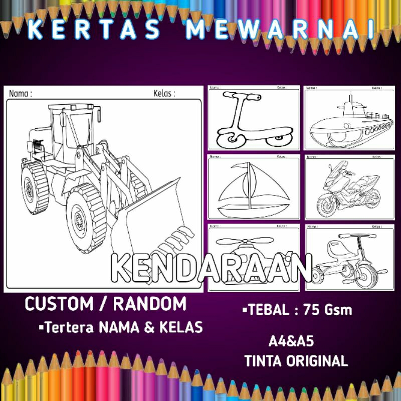 

Kertas Mewarnai Sketsa Untuk Anak TK /PAUD /SD A5&A4 30 Lembar Tebal 75 Gsm(Bisa Random/Per-Tema). Coloring,Gambar Mewarnai, Kendaraan, Bunga/Kembang, Kartun, Anime, Karakter, Pemandangan, Hewan, Buah-Buahan, Islami & Berbagi Tema Lainnya, Bisa Custom.
