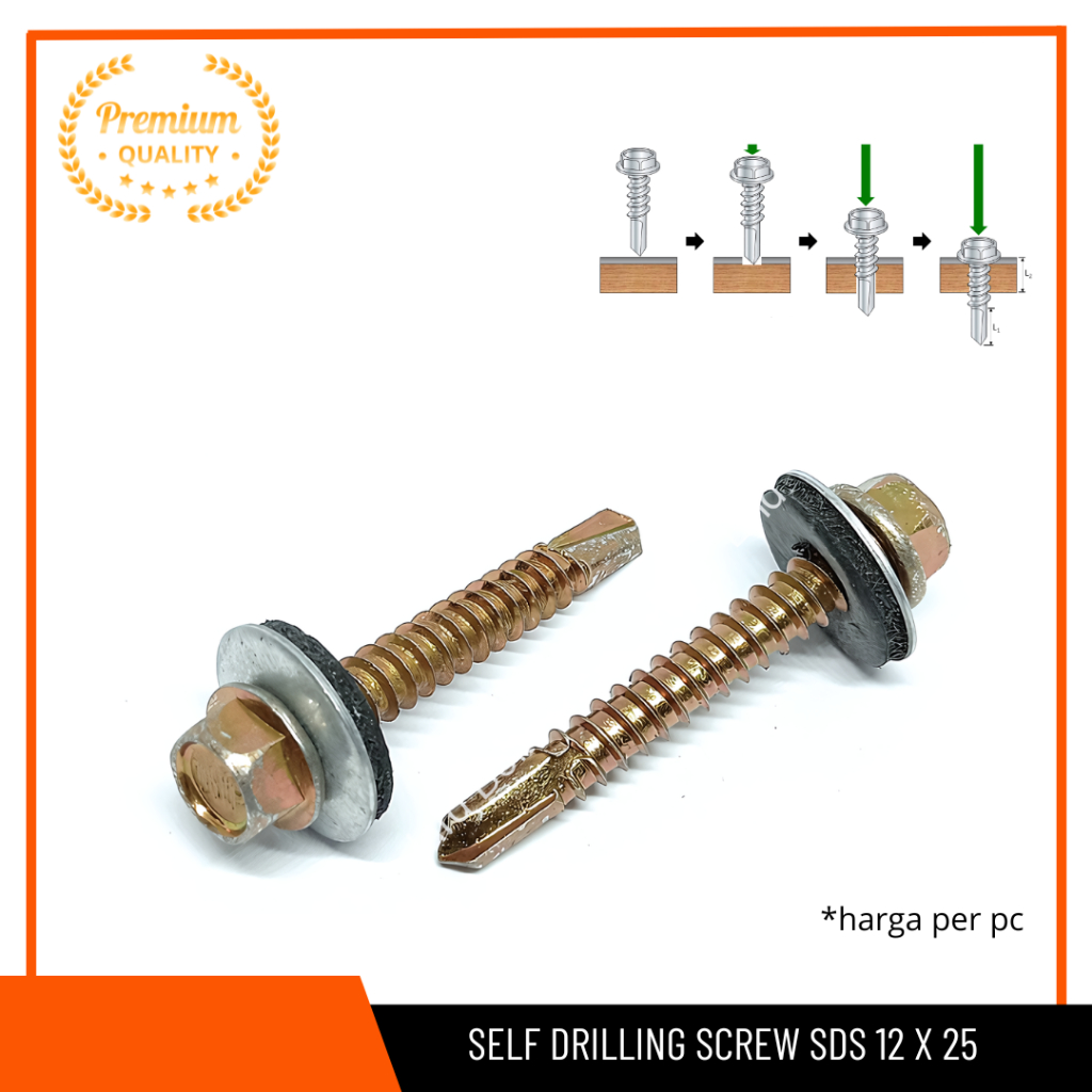Sekrup Baut Screw SDS 12 x 25 SDS Kuning Karet 12 x 25 Drilling Screw Sekrup Atap Baja Roofing Drill