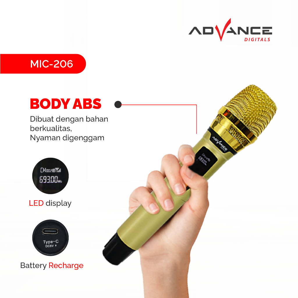 Mic-206 ADVANCE MIC-206 Mic Wireless Dua Mikrofon Batrei dapat di Charger UHF
