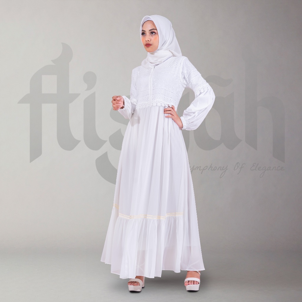 AISYAH 045 • Gamis putih wanita kekinian terbaru - Baju dress simple dan elegan