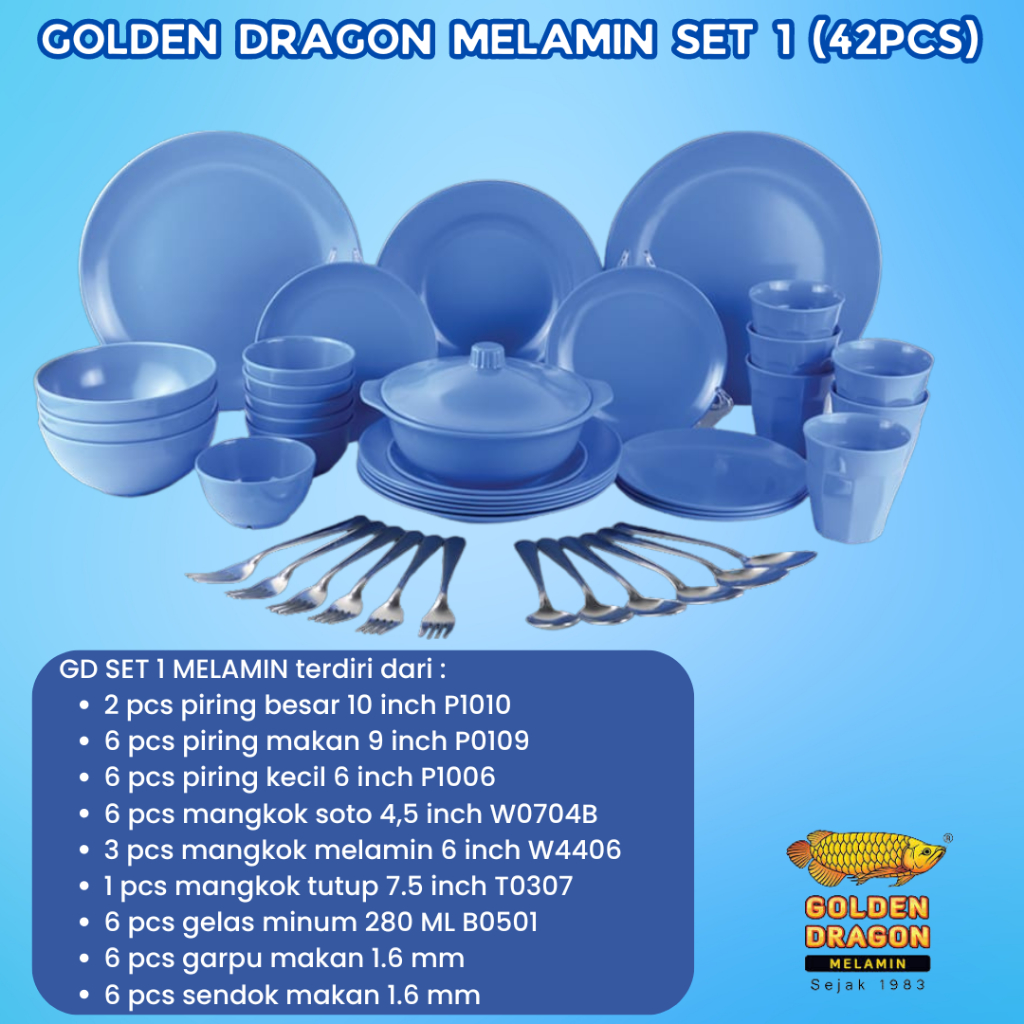 Golden Dragon Melamine GD Set 1 42 pcs piring gelas mangkok free sendok