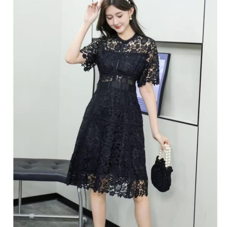51601 Baju minidress LEXINNA LACE BROKAT MINI DRESS lengan pendek hitam putih polos dres Korean styl