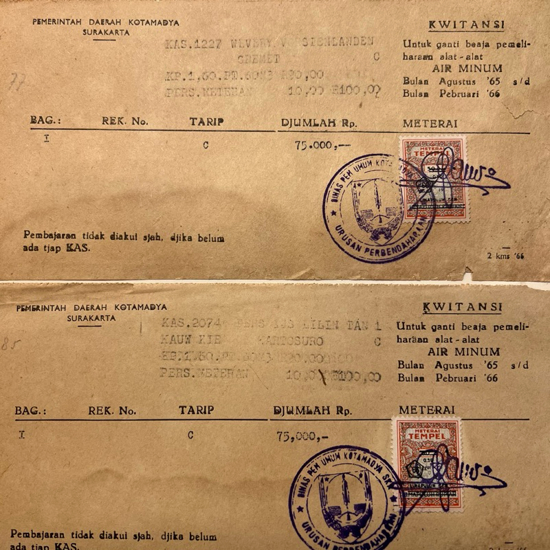 

Dokumen Jadul Rekening Tagihan Air Minum 1950s // Kuwitansi Matrai Tempel 50sen