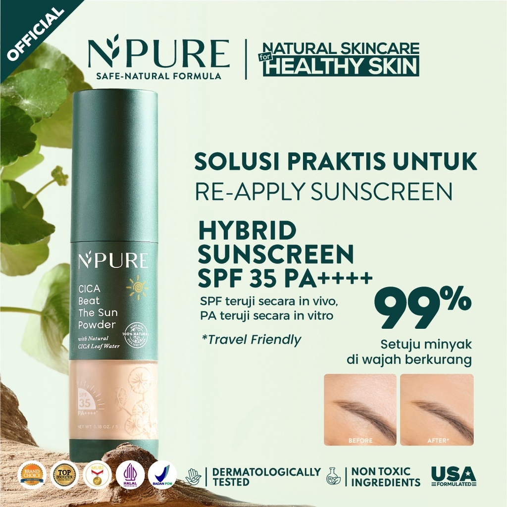 NPURE Sunscreen SPF 35++ Powder Cica / Beat the Sun Powder / Sunscreen Bedak & Brush / Bedak Bebas K
