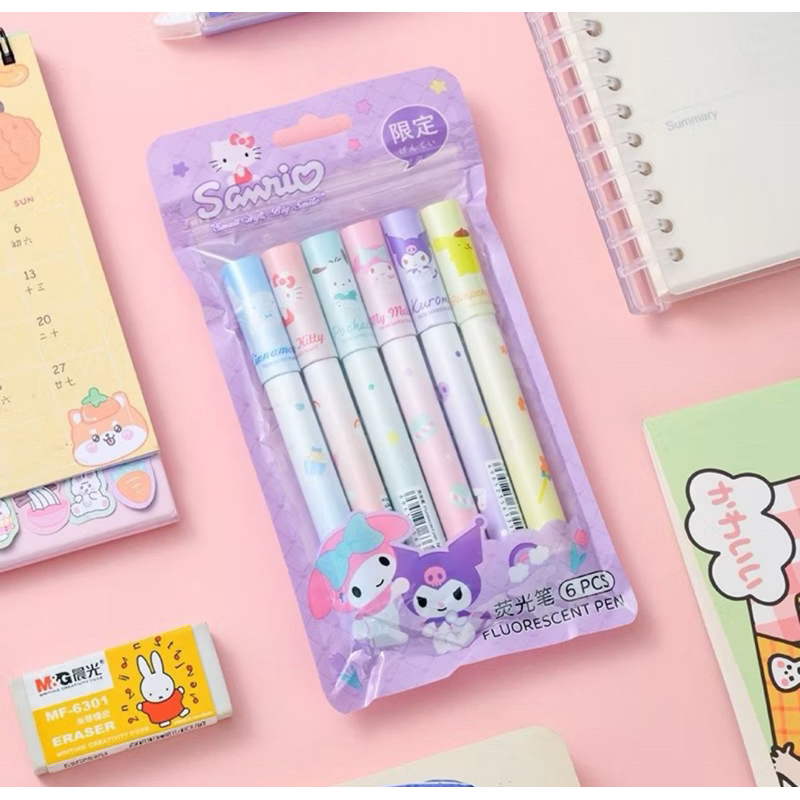 

( KKM ) 6 PCS 1 set Stabilo Sanrio Highlighter / Stabilo Pastel Color Cute Penanda Tulisan Warna