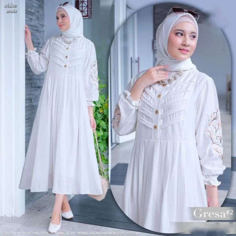Gresa Midi Dress Wanita Remaja Muslim Terbaru Hitam Putih Bahan Linen Rami Aplikasi Bordir Size L-XL