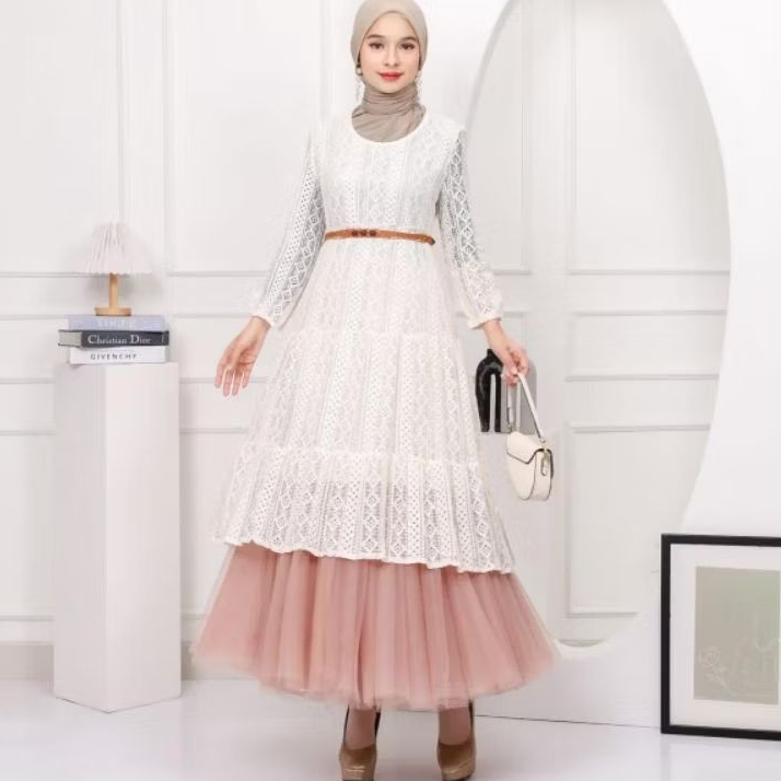 57301 Baju mididress ZIVA LACE BROKAT EMBROIDERED BOHO Lengan panjang putih katbol dres Korea Korean