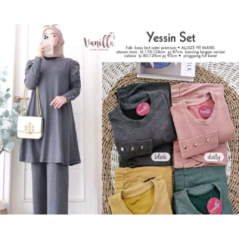 ONE SET YESSIN TUNIK TANGAN BALON RIB KNIT FIT TO XL // SETELAN WANITA YESSIN // PAKAIAN WANITA TUNI