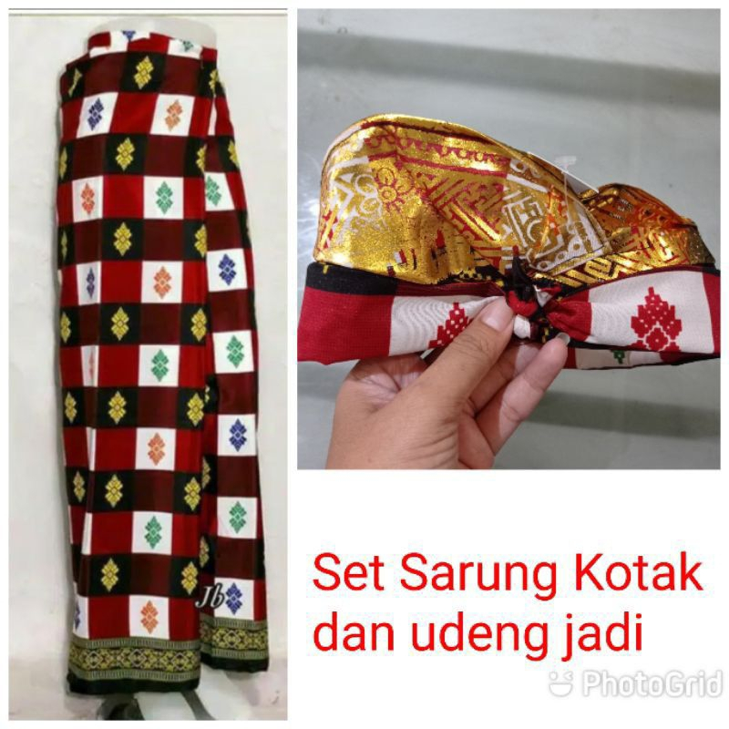 Set Sarung Kotak dan Udeng Bali - Set Pakaian Bali Kotak Poleng Tridatu Kotak & Ikat Kepala Bali