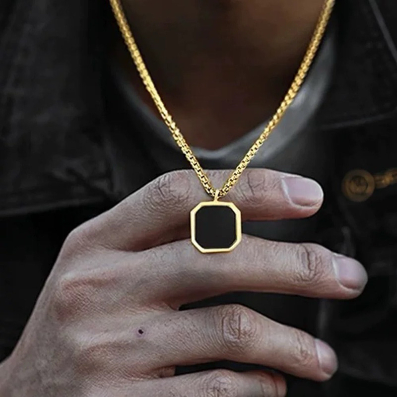 Kalung Liontin Batu Alam hitam Bentuk Kotak Geometris Warna Hitam Gaya Kasual Untuk Pria