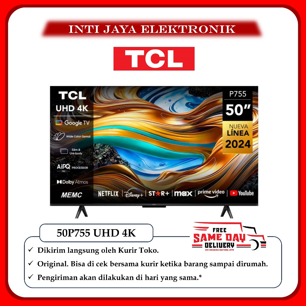 TV TCL 50 INCH UHD 4K GOOGLE TV ANDROID SMART DIGITAL TV - 50P755 GARANSI RESMI TCL INDONESIA