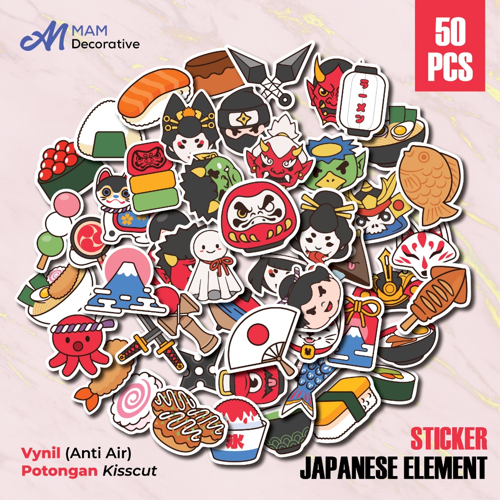 

50 PCS STIKER JAPANESE ELEMENT | Vinyl Waterproof | Stiker Helm Buku Journal Casing HP Laptop