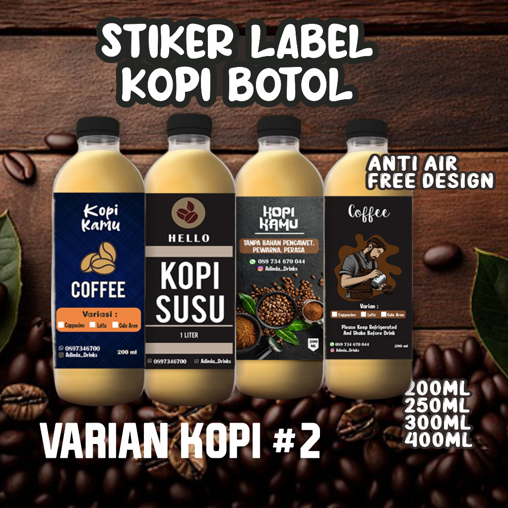 CETAK STIKER LABEL MINUMAN BOTOL KOPI  PART 2// Stiker Minuman "250" mili liter, 500ml, 1000ml / CUS
