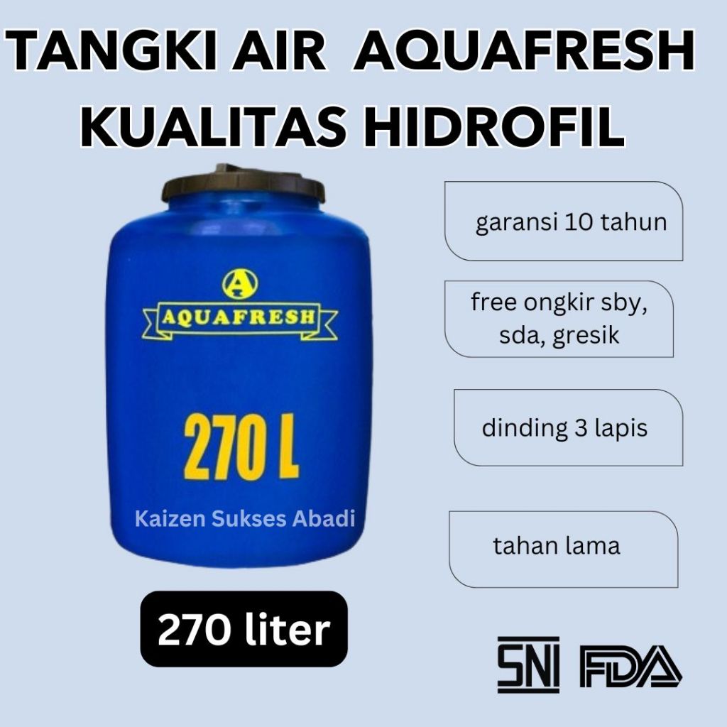 tangki tandon toren air merek aquafresh 270 250 200 liter plastik terdekat termurah kualitas hidrofi