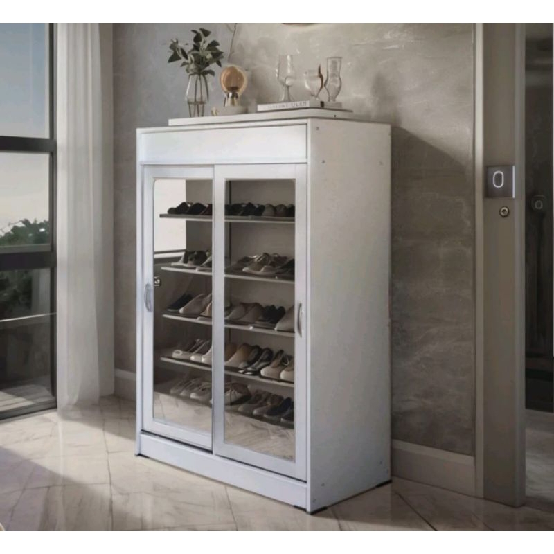 RAK SEPATU SLIDING PUTIH KACA / RAK SEPATU GESER KACA PUTIH / RAK SEPATU KACA PUTIH