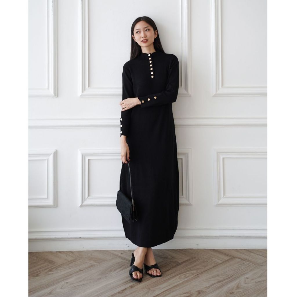 ELISHA | Dress Knit Panjang / Gamis Button Korean Style / Gamis Rajut / Gamis Iner Kancing / Dress P