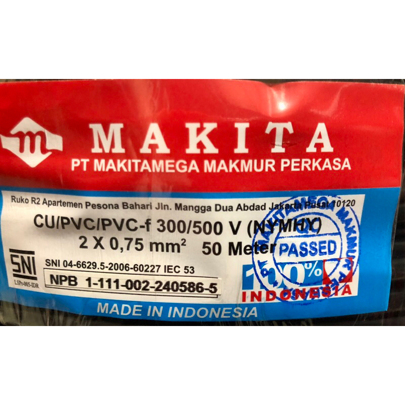 Makita Kabel Hitam Tembaga Serabut NYYHY (NYMHY) 2x0,75mm rol - (50 meter)