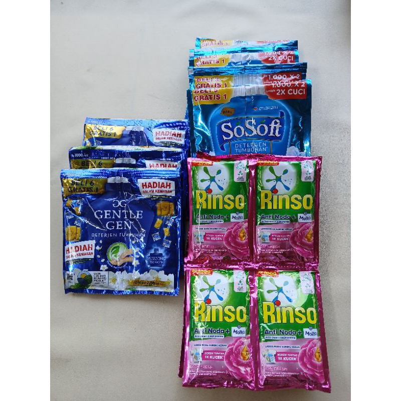 Paket Hemat 3 Deterjen Cair ( 16 Pcs So soft + 14 Pcs Gentle Gen + 12 Pcs Rinso Cair)