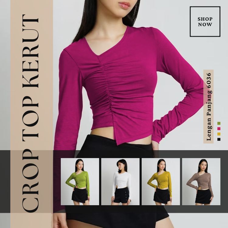 Atasan Wanita Crop Top Kerut Lengan Panjang 6036