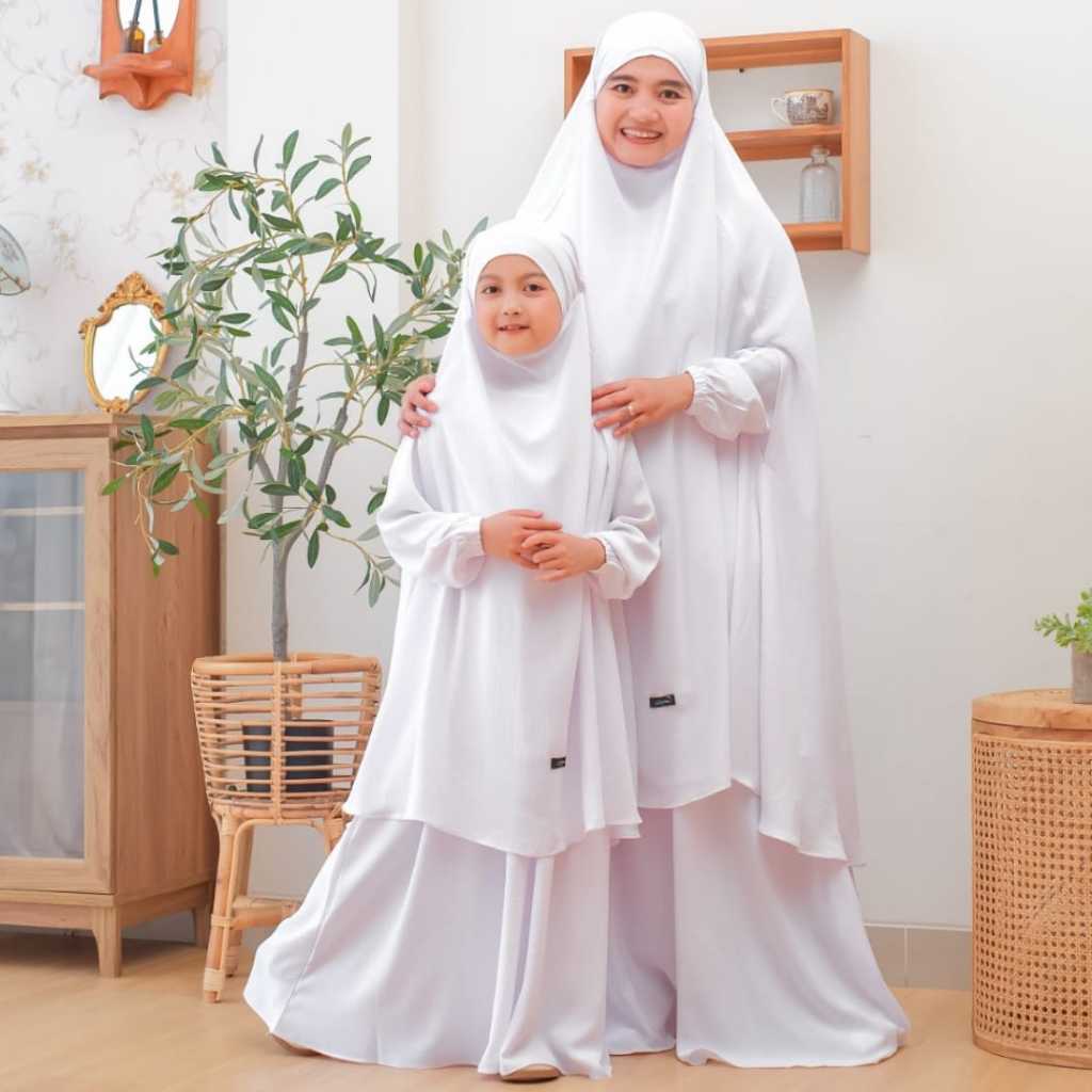 Malano Style - Baju Gamis Syar'i Couple Ibu Anak Khimar Nada Set Putih