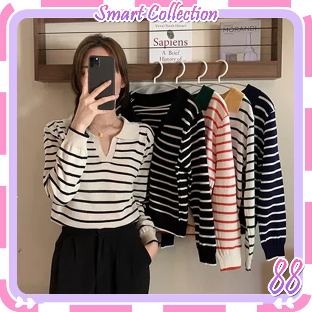 SC BJ1618 Baju Knitwear Sweater Crop Rajut Sweater Garis Bahan Rajut  CropTop Lengan Panjang