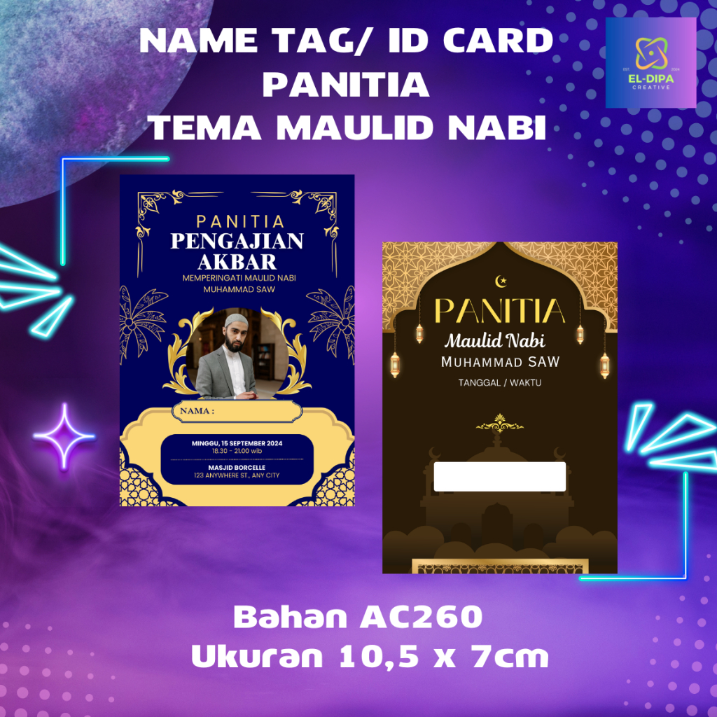 

name tag/kartu nama panitia tema maulid nabi,islamic,bahan tebal,ukuran 7x10,5cm