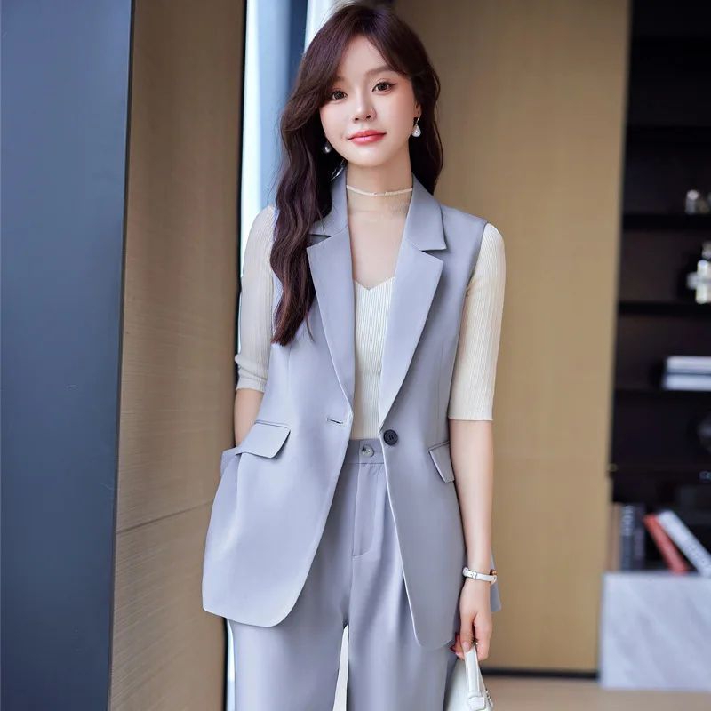 Setelan wanita 2in1 outer dan celana/Setelan outer wanita Jas blazer tanpa lengan/outer rompi wanita