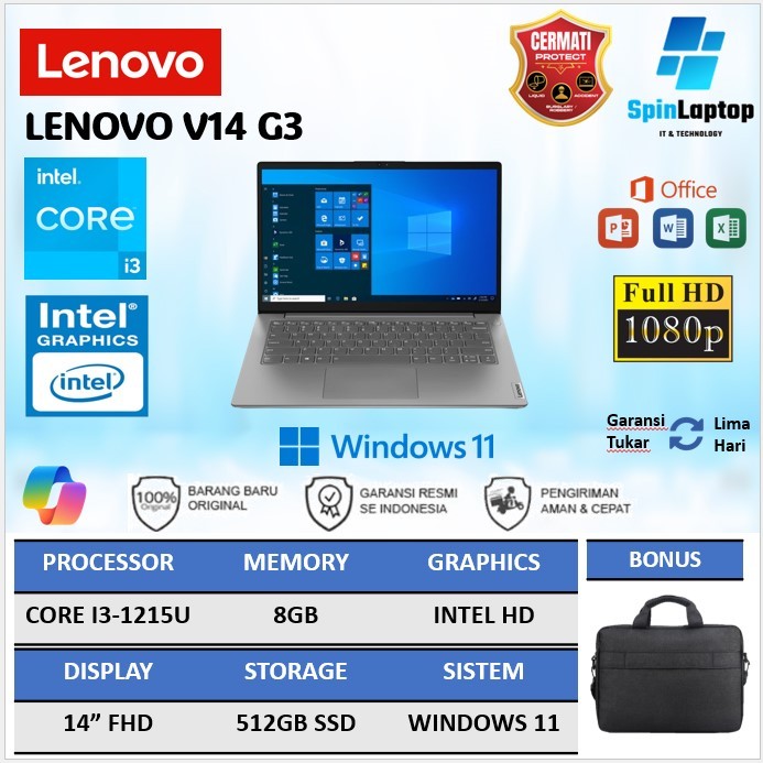 Lenovo V14 G3 - Laptop i3 1215U Ram 8GB ssd 512GB Windows 11PRO Baru Garansi Resmi