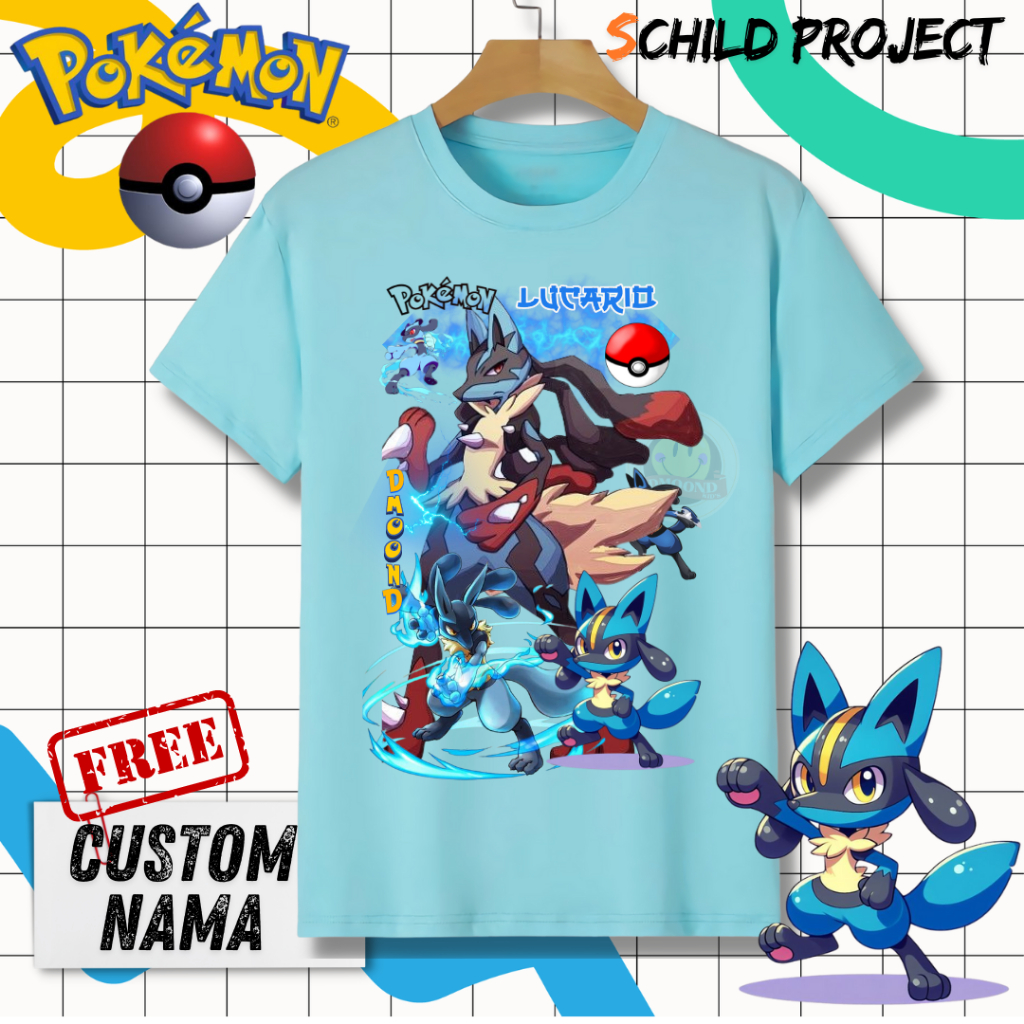 SECOND CHILD PROJECT | Baju Kaos Anak POKEMON | MEGA EVOLUTION LUCARIO | RIOLU | Kaos Anak Catton 30