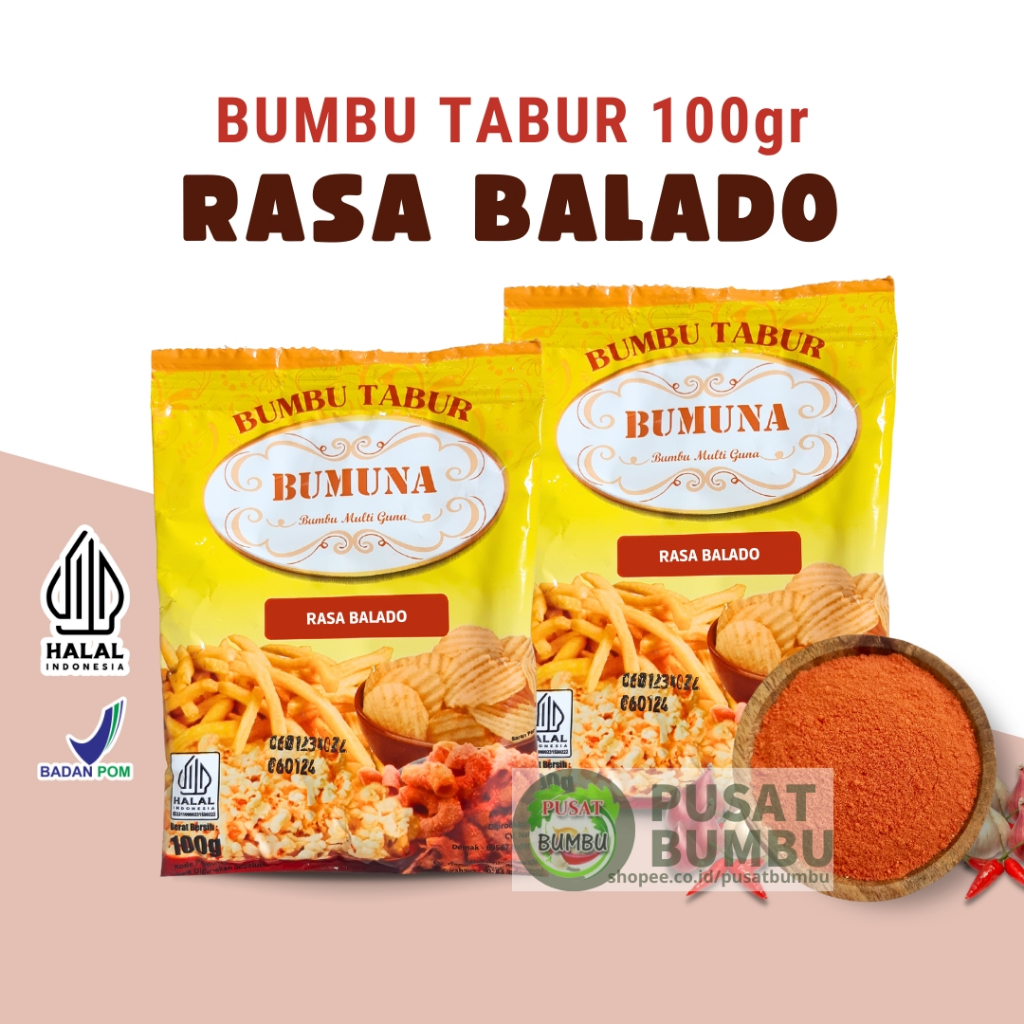 

Bumbu Tabur Rasa Balado 100 gr BUMUNA Bumbu Aneka Keripik Ayam Pok Pok Makaroni / Pusat Bumbu