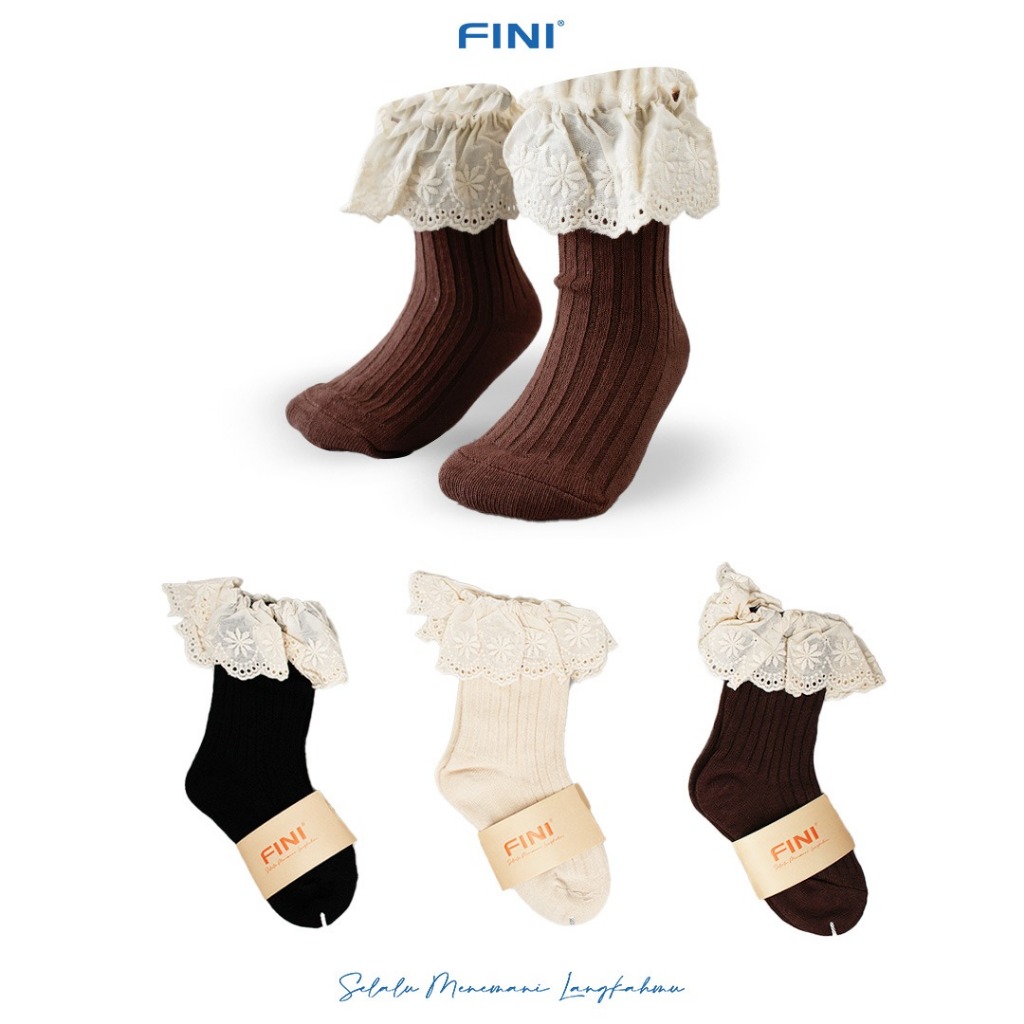 FINI Premium, Kaos Kaki Anak Perempuan Renda Korea Style Warna Hitam Cream Coklat, Size S M L,  5126