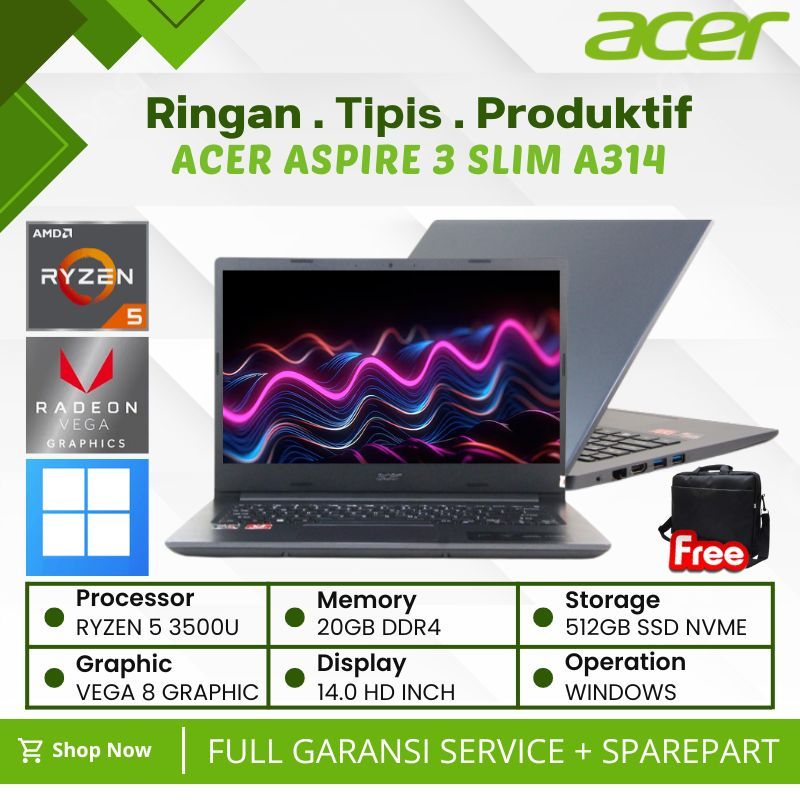 Laptop Multitasking Acer Aspire 3 A314-22-R7EC Ryzen 5 | Ssd 512GB | Ram 20GB | Radeon Vega 8 | 14.0